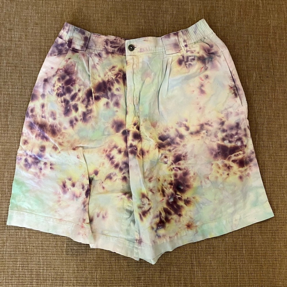 Hand Ice-Dyed High-Rise Cotton Bermuda Shorts - Pastel Purple & Mint